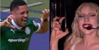 Vitor Roque e Lady Gaga fazem sinais parecidos  Foto: Reprodução/Globo