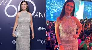Fátima Bernardes repete look brilhante e cheio de movimento para 60 anos da TV Globo