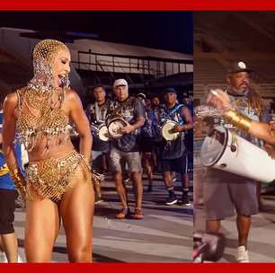 Com look de correntes, Sabrina Sato participa de ensaio da Unidos de Vila Isabel