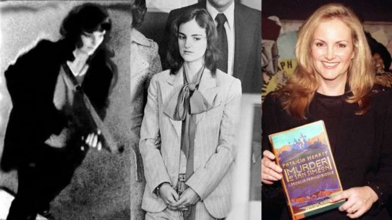 Em 1974, Patricia Hearst, neta de um magnata americano, foi sequestrada e tornou-se talvez o caso mais famoso de pessoa com Síndrome de Estocolmo. Ela assaltou um banco com o grupo que a sequestrou, o autodenominado Symbionese Liberation Army (foto esq.). No julgamento, (centro), foi condenada a 7 anos de prisão. Anos depois (dir.), lançou um livro.