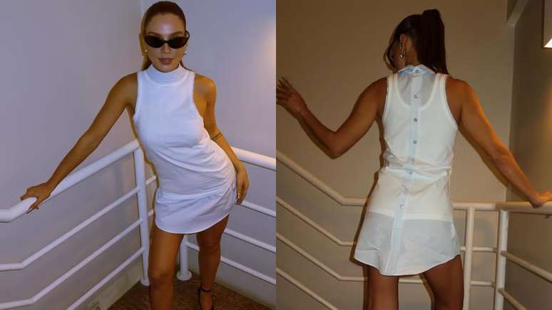 Giovanna Lancellotti usando camisa de alto preço como vestido