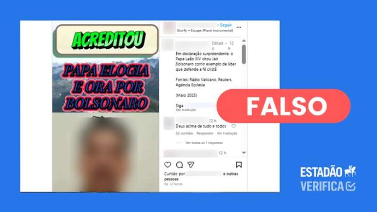Post inventa discurso de Leão XIV para enaltecer Bolsonaro como ‘político que defende a fé cristã’